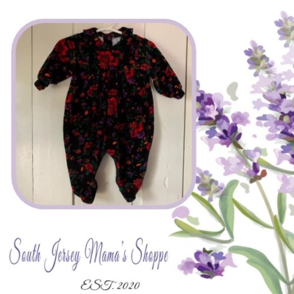 Vintage 1970s Size 3/6 Months Black Velvet Red Purple Orange Floral Romper